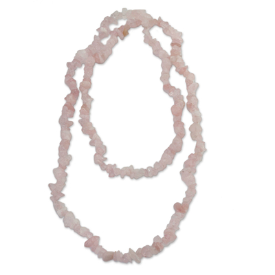 Rose quartz beaded long necklace, 'Pink Infatuation' - Natural Pink Rose Quartz Beaded Necklace from Brazil