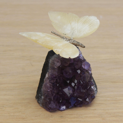 Gemstone sculpture, 'Honeyed Butterfly' - Gemstone Butterfly Sculpture in Honey Calcite and Amethyst