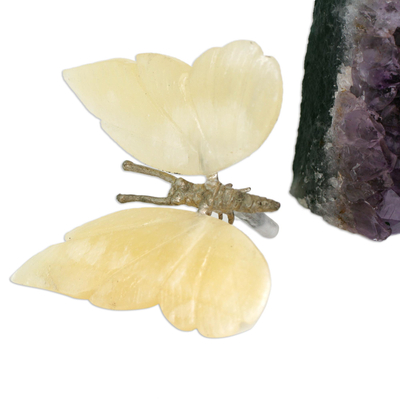 Gemstone sculpture, 'Honeyed Butterfly' - Gemstone Butterfly Sculpture in Honey Calcite and Amethyst