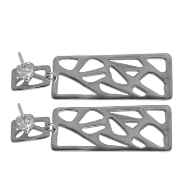 Silver dangle earrings, 'Gleaming Rectangles' - Rectangular Silver Dangle Earrings from Brazil