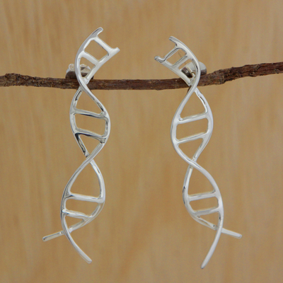 Silver drop earrings, 'Gleaming DNA' - Silver DNA-Shaped Drop Earrings from Brazil