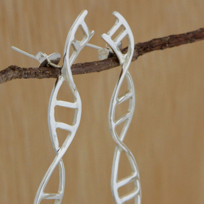 Silver drop earrings, 'Gleaming DNA' - Silver DNA-Shaped Drop Earrings from Brazil