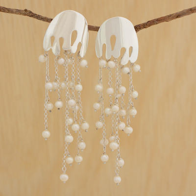 Cultured pearl waterfall earrings, 'Gleaming Jellyfish' - Cultured Pearl and Silver Waterfall Earrings from Brazil