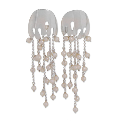 Cultured pearl waterfall earrings, 'Gleaming Jellyfish' - Cultured Pearl and Silver Waterfall Earrings from Brazil