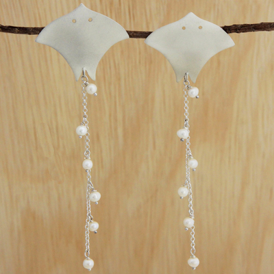 Cultured pearl dangle earrings, 'Elegant Manta Rays' - Cultured Pearl and Silver Dangle Earrings from Brazil