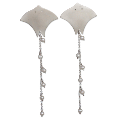 Cultured pearl dangle earrings, 'Elegant Manta Rays' - Cultured Pearl and Silver Dangle Earrings from Brazil