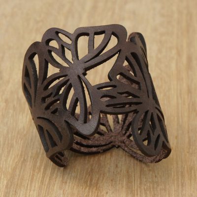 Leather wristband bracelet, 'Brazilian Butterfly in Brown' - Butterfly Leather Wristband Bracelet in Brown from Brazil