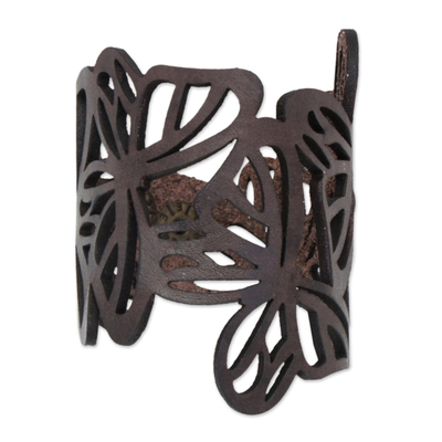 Leather wristband bracelet, 'Brazilian Butterfly in Brown' - Butterfly Leather Wristband Bracelet in Brown from Brazil