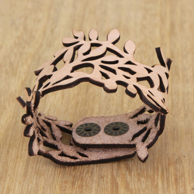 Leather wristband bracelet, 'Brazilian Foliage in Almond' - Leafy Leather Wristband Bracelet in Almond from Brazil
