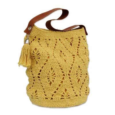 Cotton bucket bag, 'Diamond Crochet in Daffodil' - Crocheted Cotton Bucket Bag in Daffodil from Brazil