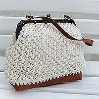 Cotton shoulder bag, 'Ivory Aura'