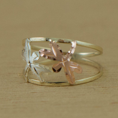 Gold band ring, 'Dragonfly Encounter' - Yellow Rose and White Gold Dragonfly Band Ring from Brazil