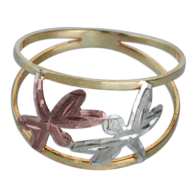 Gold band ring, 'Dragonfly Encounter' - Yellow Rose and White Gold Dragonfly Band Ring from Brazil