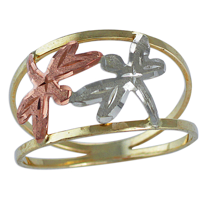 anillo de banda de oro - Anillo de banda de libélula de oro blanco y rosa amarilla de Brasil