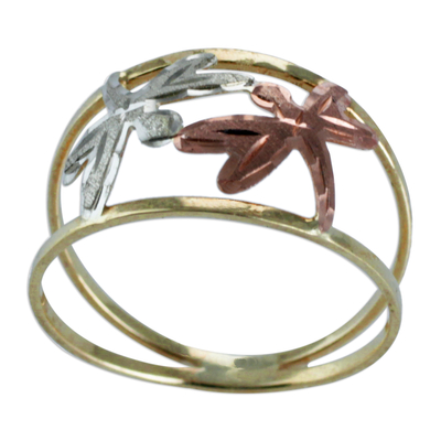 Gold band ring, 'Dragonfly Encounter' - Yellow Rose and White Gold Dragonfly Band Ring from Brazil