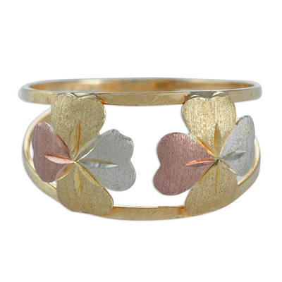 Gold cocktail ring, 'Good Luck Leaves' - 10k Gold Four-Leaf Clover Cocktail Ring from Brazil