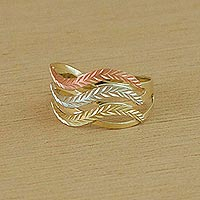 Gold cocktail ring, 'Tricolor Waves' - 10k Gold Wave Motif Cocktail Ring from Brazil