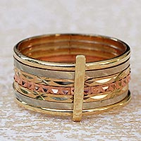 Gold band ring, 'Textured Paths' - Handcrafted 10k Gold Wide Band Ring from Brazil