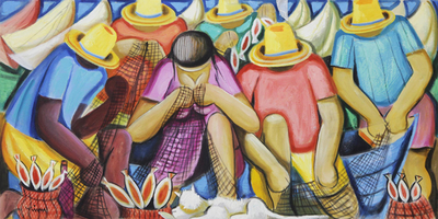'Fishing as a Family' - Colorful 52-Inch Painting of a Family of Fishermen in Brazil