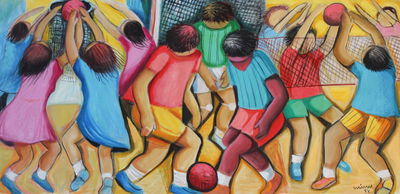 'Children Playing' - Naif Painting in Jewel Colors of Children Playing Ball