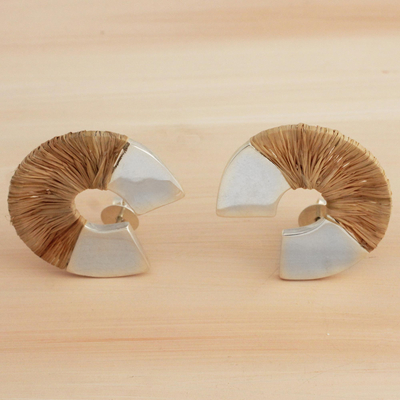 Silver and natural fiber drop earrings, 'Gleaming Jungle' - Silver and Natural Fiber Drop Earrings from Brazil