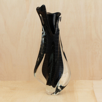 Handblown art glass decorative vase, 'Twisting Black' - Handblown Art Glass Decorative Vase in Black from Brazil