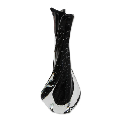 Handblown art glass decorative vase, 'Twisting Black' - Handblown Art Glass Decorative Vase in Black from Brazil
