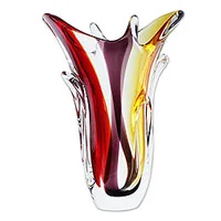 Handblown art glass vase, 'Early Blossoms' - Red and Purple Blown Glass Vase with Yellow Accents