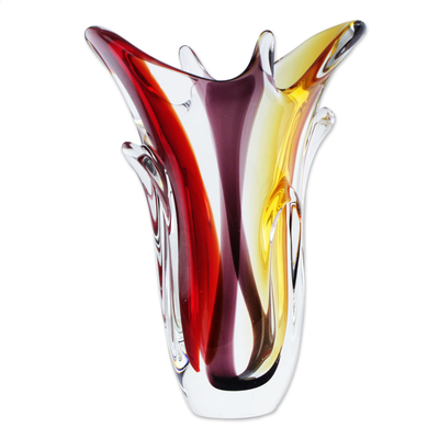 Handblown art glass vase, 'Early Blossoms' - Red and Purple Blown Glass Vase with Yellow Accents
