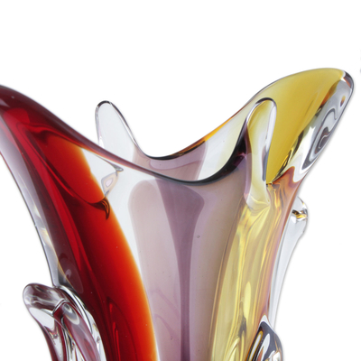 Handblown art glass vase, 'Early Blossoms' - Red and Purple Blown Glass Vase with Yellow Accents