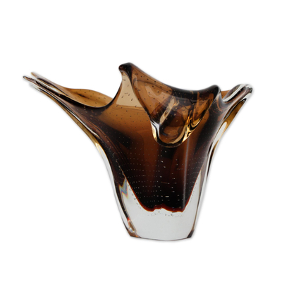 Art glass vase, 'Modern Bloom' - Murano Inspired Brown Hand Blown Glass Art Vase