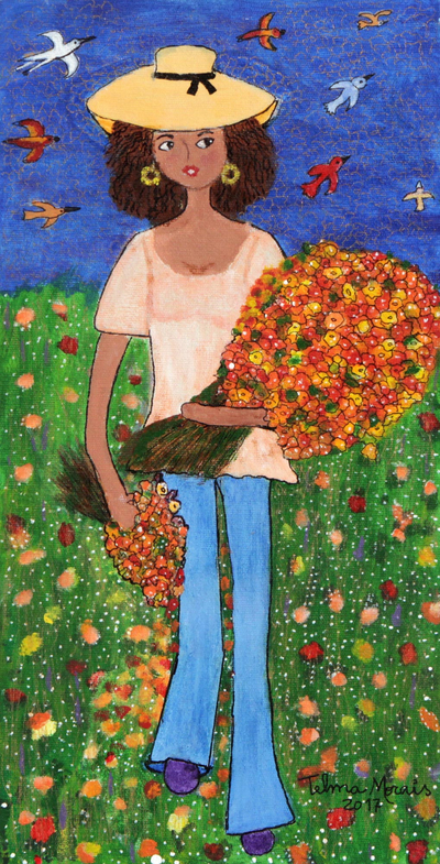 'Calliandra-Blumen pflücken'. - Brasilianische Naif-Kunstmalerei einer Frau und Blumen