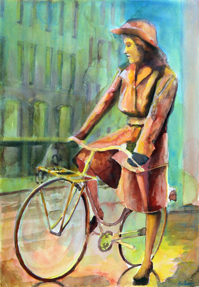 'Pedaling' - Watercolor on Paper Painting of Lady on Bicycle from Brazil