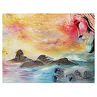 'Blessing' - Signed Expressionist Painting of Sugarloaf Hill from Brazil