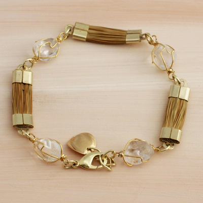 Gold plated quartz and golden grass link bracelet, 'Grassland' - Golden Grass and Clear Quartz Link Bracelet