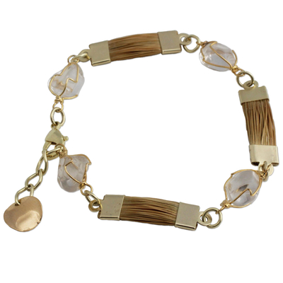 Gold plated quartz and golden grass link bracelet, 'Grassland' - Golden Grass and Clear Quartz Link Bracelet