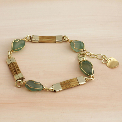 Gold plated golden grass link bracelet, 'Harvest Bounty' - Golden Grass and Green Quartz Link Bracelet