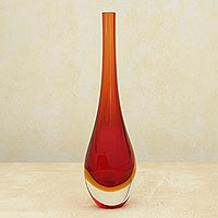 Art glass decorative vase, 'Arrested Flame' - Red-Orange Murano-Inspired Art Glass Decorative Vase