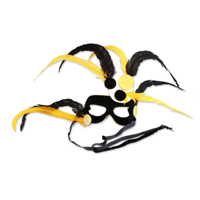 Rooster feather mask, 'Black and Yellow Masquerade' - Handcrafted Rooster Feather Mask from Brazil
