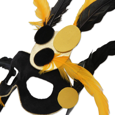 Rooster feather mask, 'Black and Yellow Masquerade' - Handcrafted Rooster Feather Mask from Brazil