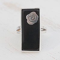 Agate cocktail ring, 'Night Rose' - Black Agate Ring with Sterling Silver Rose Accent