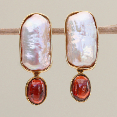 Gold plated cultured pearl and garnet drop earrings, 'Renaissance' - Cultured Pearl Garnet and 18K Gold-Accented Drop Earrings