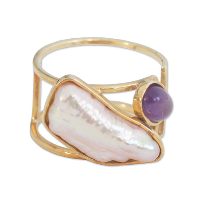 Amethyst and cultured pearl cocktail ring, 'Bold Duo' - Amethyst and Cultured Pearl Gold Ring