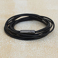 Leather wrap bracelet, 'Sleek Confidence' - Handmade Black Leather Wrap Bracelet from Brazil