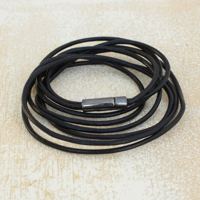 Leather wrap bracelet, 'Sleek Confidence' - Handmade Black Leather Wrap Bracelet from Brazil