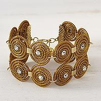 Pulsera de eslabones de hierba dorada bañada en oro - Pulsera con motivo de espiral de hierba dorada y diamantes de imitación