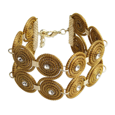 Golden Grass and Rhinestone Spiral Motif Wristband Bracelet