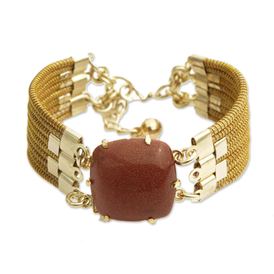 Gold plated sunstone and golden grass pendant bracelet, 'Brilliant Sun' - Sunstone and Golden Grass Wristband Bracelet