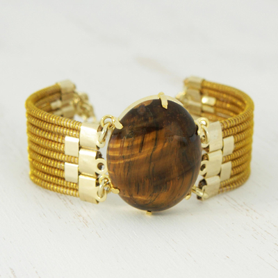 Gold plated tiger's eye and golden grass pendant bracelet, 'Tiger Fire' - Tiger's Eye and Golden Grass Wristband Bracelet