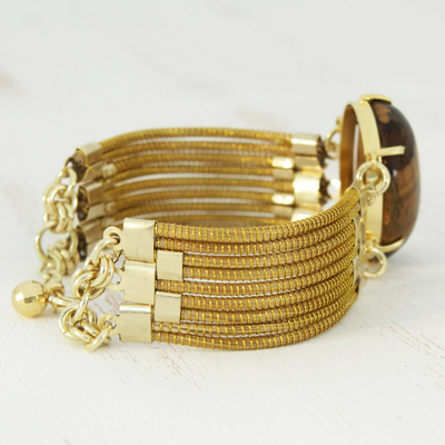 Gold plated tiger's eye and golden grass pendant bracelet, 'Tiger Fire' - Tiger's Eye and Golden Grass Wristband Bracelet